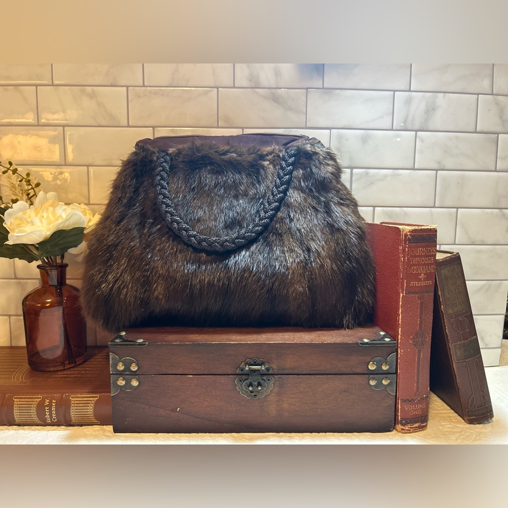VINTAGE HAND CRAFTED BROWN FUR LIGHT BROWN EMBROIDERED MUFF HAND WARMER PURSE